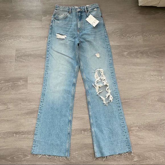 Zara Jeans Zara Wide Leg Full Length Ripped Jeans Poshmark
